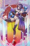  1girl alcohol bowl breasts collarbone cup fate/grand_order fate_(series) food fruit full_body grapes highres horns japanese_clothes kimono looking_at_viewer mins_(minevi) navel oni oni_horns open_mouth peach purple_hair sakazuki sake shiny shiny_hair short_hair shuten_douji_(fate/grand_order) small_breasts smile solo violet_eyes water waves 