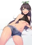  1girl bare_shoulders black_hair blue_eyes blurry bow breasts crop_top earrings fang ganaha_hibiki green_bow hair_bow highres idolmaster jewelry long_hair looking_at_viewer lying medium_breasts navel open_mouth pocari_sweat_(artist) ponytail short_shorts shorts simple_background smile solo stomach tan tanline taut_clothes under_boob white_background 