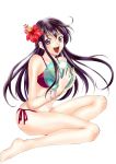  1girl :d ball bare_shoulders beachball bikini black_hair bracelet breasts cleavage collarbone eba_yuzuki floating_hair flower full_body hair_flower hair_ornament hibiscus highres holding holding_ball jewelry kimi_no_iru_machi long_hair medium_breasts navel open_mouth red_bikini red_flower seo_kouji shiny shiny_skin side-tie_bikini simple_background smile solo swimsuit transparent very_long_hair violet_eyes white_background 