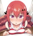  1girl 5240mosu bare_arms bare_shoulders bat_hair_ornament blurry blush breast_press breasts collarbone couch curtains depth_of_field fang gabriel_dropout hair_ornament hair_rings highres hood hoodie horizontal-striped_shirt horizontal_stripes indoors kurumizawa_satanichia_mcdowell leaning_on_person looking_at_viewer medium_breasts nose_blush open_mouth perspective pov redhead shirt short_hair sleeveless sleeveless_shirt solo striped striped_shirt sweatdrop violet_eyes 