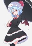  1girl :d bat_wings black_dress black_legwear blue_hair blush breasts dress fang frilled_dress frilled_sleeves frills junior27016 long_sleeves looking_at_viewer open_mouth pointy_ears puffy_sleeves red_eyes remilia_scarlet short_hair simple_background small_breasts smile solo thigh-highs touhou umbrella wings 