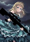  1girl aqua_dress black_bullet blonde_hair blue_eyes clouds detached_sleeves dress frille_dress frilled_dress frills gun h&amp;k_psg1 hair_ornament highres holding holding_gun holding_weapon index_finger_raised layered_dress long_hair looking_at_viewer night rifle sato-pon sky sleeveless sleeveless_dress sniper_rifle solo standing star_(sky) starry_sky tina_sprout weapon 
