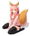  1girl animal_ears between_thighs black_legwear bra breasts cleavage closed_mouth eyebrows_visible_through_hair fate/extra fate/extra_ccc fate_(series) fox_ears fox_tail full_body hair_between_eyes hair_ornament hair_scrunchie heart highres hood hooded_jacket hoodie jacket jewelry long_hair looking_at_viewer medium_breasts narynn necklace pink_bra pink_hair scrunchie simple_background sitting sleeves_past_wrists smile solo striped striped_jacket tail tamamo_(fate)_(all) tamamo_no_mae_(fate) thigh-highs underwear unzipped wariza white_background yellow_eyes zipper 