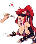  1girl bare_shoulders bikini bikini_top blush breasts chopsticks cleavage elbow_gloves flame_print food gloves heart highres large_breasts long_hair meat open_mouth ponytail redhead scarf simple_background solo_focus spoken_heart sushi swimsuit tengen_toppa_gurren_lagann tongue tongue_out typo_(requiemdusk) yoko_littner 