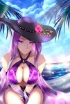  1girl bare_shoulders bikini blue_sky breasts cleavage clouds day earrings eyes_visible_through_hair fate/stay_night fate_(series) flower hat hat_flower highres jewelry large_breasts leaning_forward long_hair looking_at_viewer medusa_(fate)_(all) ocean outdoors palm_tree purple_bikini purple_hair rider saber_ruri sitting sky smile solo swimsuit tree very_long_hair violet_eyes 