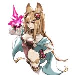  1girl animal_ears arched_back ass blonde_hair breasts brown_eyes brown_hair cape cat_ears cleavage commentary_request erun_(granblue_fantasy) granblue_fantasy hair_ornament hand_on_hip leotard long_hair medium_breasts metella_(granblue_fantasy) mole mole_under_mouth robo8 simple_background solo tongue tongue_out twintails very_long_hair white_background 