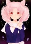  1girl animal_ears bishoujo_senshi_sailor_moon blue_shirt chibi_usa hands_together long_hair looking_at_viewer lpip open_mouth pink_hair red_eyes shirt solo twintails upper_body 