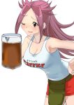  10s 1girl alcohol beer beer_mug breasts clothes_writing highres holding jun&#039;you_(kantai_collection) kantai_collection large_breasts long_hair masukuza_j no_legwear one_eye_closed open_mouth purple_hair red_shorts shorts simple_background smile solo spiky_hair violet_eyes white_background 
