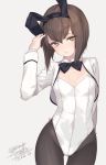  10s animal_ears arm_behind_back artist_name black_legwear bow bowtie breasts brown_eyes brown_hair cowboy_shot cropped_jacket dated detached_collar fake_animal_ears gluteal_fold hairband hand_on_headwear head_tilt kantai_collection leotard looking_at_viewer pantyhose parted_lips rabbit_ears rokuwata_tomoe short_hair simple_background small_breasts taihou_(kantai_collection) white_background 