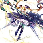  1girl blonde_hair blue_eyes blue_legwear breasts cleavage collar commentary_request copyright_name detached_collar dress elbow_gloves electricity frills full_body gloves hair_ornament holding kami_project long_hair looking_at_viewer medium_breasts official_art simple_background sleeveless solo staff sword thigh-highs twintails very_long_hair weapon white_background zettai_ryouiki 