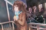  1girl bare_tree breath brown_eyes brown_hair checkered_scarf coat commentary_request half_updo highres idolmaster idolmaster_cinderella_girls kachayori long_hair one_side_up open_mouth scarf shimamura_uzuki side_ponytail solo star tree 