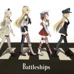  4girls :d ^_^ ^o^ abbey_road american_flag_legwear annin_musou bare_shoulders bismarck_(kantai_collection) black_jacket black_legwear blonde_hair blue_eyes brown_hair closed_eyes crosswalk crown detached_sleeves dress elbow_gloves front-tie_top gloves hair_between_eyes hat highres iowa_(kantai_collection) jacket kantai_collection littorio_(kantai_collection) long_hair long_sleeves military military_uniform mini_crown mismatched_legwear multiple_girls off-shoulder_dress off_shoulder open_mouth parody peaked_cap red_skirt skirt smile striped striped_legwear the_beatles thigh-highs uniform walking warspite_(kantai_collection) white_background white_dress white_hat white_legwear 