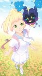  backpack bag bangs blonde_hair blue_sky blunt_bangs braid breasts clouds commentary_request cosmog day egooo field flower flower_field foreshortening french_braid from_above grass green_eyes high_ponytail hood lillie_(pokemon) long_hair looking_at_viewer medium_breasts miniskirt outdoors parted_lips pleated_skirt pokemon pokemon_(creature) pokemon_(game) pokemon_sm shirt shoes short_sleeves sidelocks skirt sky smile sneakers socks standing teeth white_shirt white_shoes white_skirt 