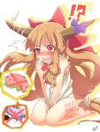  1girl barefoot blush body_writing bow hair_ornament horn_ribbon horns htk_mikan ibuki_suika long_hair no_panties open_mouth orange_hair red_bow red_eyes ribbon shy sleeveless solo touhou 