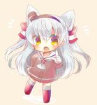  10s 1girl amatsukaze_(kantai_collection) brown_dress chibi dress full_body garter_straps hair_tubes index_finger_raised kantai_collection kouu_hiyoyo long_hair looking_at_viewer open_mouth red_legwear sailor_dress short_dress silver_hair solo striped striped_legwear two_side_up white_sailor_collar windsock yellow_eyes 