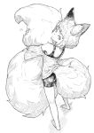  &gt;:) 1girl animal_ears bangs bare_legs bare_shoulders barefoot bike_shorts blunt_bangs closed_mouth fox_ears fox_tail full_body greyscale jaco legs_apart long_sleeves monochrome off-shoulder_sweater original self_hug short_hair_with_long_locks sketch smug solo standing sweater tail tail_hug tank_top tareme 