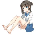  1girl bare_legs barefoot blue_eyes bow bowtie brown_hair commentary derivative_work feet highres original rabit_sugar shirt short_ponytail side_ponytail simple_background sitting skirt smile soles toes white_background 