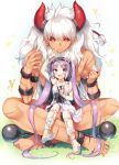  1boy 1girl :&gt; :d arm_up asterios_(fate/grand_order) ball_and_chain_restraint bare_shoulders black_sclera blush butterfly commentary dark_skin euryale fate/grand_order fate_(series) food food_on_face full_body hairband horns jewelry lolita_hairband long_hair onigiri open_mouth purple_hair red_eyes sazaki_ichiri scar single_earring sitting sitting_on_lap sitting_on_person size_difference smile twintails very_long_hair violet_eyes white_hair 
