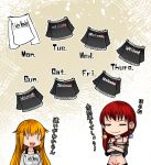  aoshima bare_shoulders black_shirt blonde_hair body_writing closed_eyes clothes_writing commentary_request crossed_arms earrings hecatia_lapislazuli jewelry junko_(touhou) long_hair navel necklace off-shoulder_shirt open_mouth redhead shirt smile t-shirt touhou translated |_| 