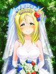  1girl birthday blonde_hair blue_rose bouquet braid breasts butterfly crown_braid crying crying_with_eyes_open dress elbow_gloves flower gloves grass hair_rings happy_birthday highres hkn_(ringya) large_breasts love_live! love_live!_sunshine!! medium_hair ohara_mari red_rose rose tears tiara twitter_username wedding_dress yellow_eyes 
