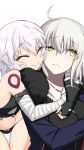  2girls arm_strap assassin_of_black bandage bandaged_arm bangs belt black_dress blue_coat blush chin_on_head chin_rest closed_eyes commentary_request cowboy_shot dress eyebrows_visible_through_hair fate/apocrypha fate/grand_order fate_(series) fur_trim green_eyes hair_between_eyes hands_on_another&#039;s_arms highres hug hug_from_behind jeanne_alter long_sleeves looking_at_another looking_away multiple_girls pale_skin panties ruler_(fate/apocrypha) scar scar_across_eye scar_on_cheek short_hair silver_hair simple_background sleeveless sleeveless_turtleneck smile susukune thigh_gap tsurime turtleneck underwear white_background yellow_eyes 