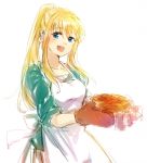  1girl apron blonde_hair blue_eyes dress earrings food fullmetal_alchemist gloves green_dress jewelry long_hair looking_at_viewer open_mouth pie ponytail solo tsukuda0310 winry_rockbell 