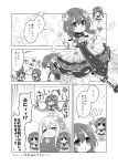  &gt;_&lt; 6+girls braid chibi closed_eyes comic crying dress feathers flower_knight_girl greyscale highres kadose_ara katabami_(flower_knight_girl) monochrome multiple_girls multiple_persona sailor_collar smile smug standing_on_person tears twin_braids viola_(flower_knight_girl) wrapped_up 