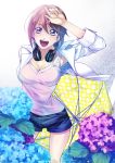  1girl :d absurdres aoi_fuuka arm_up black_shorts blue_flower breasts brown_hair cleavage eyebrows_visible_through_hair flower fuuka headphones headphones_around_neck highres holding holding_umbrella hydrangea looking_at_viewer medium_breasts open_clothes open_mouth open_shirt pink_shirt polka_dot polka_dot_umbrella purple_flower seo_kouji shirt short_hair short_shorts shorts sleeveless sleeveless_shirt smile solo standing umbrella violet_eyes white_shirt yellow_umbrella 