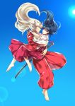  1boy 1girl animal_ears arms_around_neck arms_around_waist barefoot black_hair blue_eyes blue_sky carrying couple dog_ears face-to-face falling hetero highres higurashi_kagome hug inuyasha inuyasha_(character) japanese_clothes jewelry lens_flare long_hair looking_at_another midair miko motobi_(mtb_umk) necklace orange_eyes pearl_necklace robe scabbard sheath sheathed silver_hair sky smile sun sword weapon wide_sleeves 