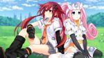  2girls boots bow choujigen_taisen_neptune_vs_sega_hard_girls elbow_gloves game_cg game_console gloves hair_ornament highres long_hair multiple_girls neptune_(series) official_art pink_hair redhead sega_dreamcast sega_dreamcast_(sega_hard_girls) sega_hard_girls sitting tennouboshi_uzume tsunako twintails 