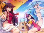  3girls ahri animal_ears ass black_hair blue_eyes blue_hair blush breasts cleavage eyebrows_visible_through_hair flat_chest fox_ears fox_tail highres league_of_legends lee_seok_ho long_hair looking_at_viewer lulu_(league_of_legends) medium_breasts multiple_girls navel open_mouth purple_hair sand_castle sand_sculpture sideboob sitting smile sona_buvelle tail teeth yellow_eyes zac 