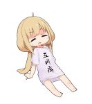  1girl ahoge barefoot blonde_hair chibi closed_eyes clothes_writing commentary futaba_anzu idolmaster idolmaster_cinderella_girls long_hair low_twintails moru_(monaka) open_mouth shirt simple_background solo sweat t-shirt translated twintails very_long_hair white_background 