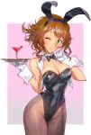 10s 1girl animal_ears bare_shoulders black_bow black_bowtie black_leotard bow bowtie breasts brown_hair brown_legwear bunnysuit cleavage cowboy_shot cup detached_collar drinking_glass gloves green_eyes kantai_collection leotard looking_at_viewer matsuda_(matsukichi) medium_breasts mutsu_(kantai_collection) one_eye_closed pantyhose rabbit_ears short_hair smile solo strapless strapless_leotard tray vest wavy_hair white_gloves white_vest wine_glass wrist_cuffs 