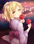  1girl alternate_hairstyle blonde_hair blurry blurry_background blush bokeh candy_apple dated depth_of_field eyebrows_visible_through_hair festival food happy_birthday holding japanese_clothes kimono looking_at_viewer looking_back love_live! love_live!_sunshine!! micopp obi ohara_mari ponytail sash sidelocks solo tongue wide_sleeves yellow_eyes yukata 