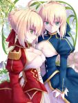  2girls ahoge ass blonde_hair blue_dress breasts cleavage dress eyebrows_visible_through_hair fate/extra fate_(series) green_eyes hair_between_eyes hair_ribbon looking_at_viewer medium_breasts multiple_girls red_dress red_ribbon ribbon saber saber_extra short_hair_with_long_locks sidelocks small_breasts smile standing yellow_flower yude 