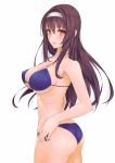  1girl arm_at_side ass bare_arms bare_shoulders bikini blue_bikini blush breasts brown_eyes brown_hair cleavage collarbone cowboy_shot from_side groin hairband hand_on_hip highres kasumigaoka_utaha large_breasts long_hair looking_at_viewer o-ring_bikini o-ring_top open_mouth pink_lips saenai_heroine_no_sodatekata side-tie_bikini simple_background smile solo standing strap_gap swimsuit twisted_torso under_boob white_background white_hairband yuuki_teito 