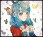  1girl black_border blue_hair border brown_eyes butterfly fire_emblem fire_emblem_if low_twintails mitama_(fire_emblem_if) portrait shourou_kanna solo star star-shaped_pupils symbol-shaped_pupils twintails 