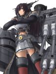  10s 1girl black_coat black_gloves black_hair breasts brown_eyes elbow_gloves gloves hands_together headgear highres kantai_collection long_hair looking_at_viewer looking_down mechanical nagato_(kantai_collection) navel partly_fingerless_gloves pleated_skirt red_legwear remodel_(kantai_collection) rigging skirt smokestack solo thigh-highs turret v_r_dragon01 white_background white_skirt 