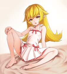  1girl :o bare_shoulders barefoot blonde_hair butterfly_sitting dress ehart eyebrows_visible_through_hair fang feet hand_on_own_knee long_hair monogatari_(series) open_mouth oshino_shinobu pointy_ears sitting solo spread_legs white_dress yellow_eyes 