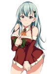  10s 1girl aqua_eyes aqua_hair ascot bare_shoulders blush breasts cleavage commentary hair_ornament hairclip highres kantai_collection large_breasts long_hair looking_at_viewer nemo_1988 santa_costume simple_background smile solo suzuya_(kantai_collection) thighs white_background 