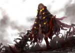  1girl artist_name belt blonde_hair blood blood_on_face bloody_hands bloody_weapon boots cloak commentary_request crazy_eyes fire from_below little_red_riding_hood_(sinoalice) open_mouth sinoalice solo standing usui_harusame weapon yellow_eyes 
