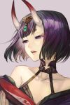  1girl alcohol cup fate/grand_order fate_(series) grey_background hankuri horns looking_to_the_side oni oni_horns open_mouth portrait purple_hair sakazuki sake short_hair shuten_douji_(fate/grand_order) solo thick_eyebrows violet_eyes 