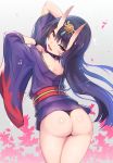  1girl alternate_hair_length alternate_hairstyle arms_up ass back bare_shoulders fate/grand_order fate_(series) floral_background gradient gradient_background horns japanese_clothes kimono long_hair looking_at_viewer off_shoulder oni oni_horns open_mouth purple_hair shuten_douji_(fate/grand_order) smile solo tgh326 violet_eyes 