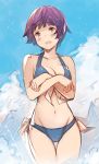  1girl bikini blue_bikini blue_sky blush breasts cleavage covering covering_chest cowboy_shot crossed_arms day embarrassed eromanga_sensei eyebrows_visible_through_hair gluteal_fold hanarito large_breasts navel open_mouth outdoors purple_hair senju_muramasa short_hair sky solo swimsuit thigh_gap violet_eyes wavy_mouth 
