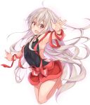  1girl ahoge backless_outfit bangs breasts chiya_(urara_meirochou) eyebrows_visible_through_hair floating_hair full_body grey_hair hair_between_eyes halterneck kurai_masaru long_hair looking_at_viewer open_mouth red_eyes sideboob simple_background small_breasts smile solo urara_meirochou white_background 