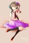  1girl blouse blush brown_eyes brown_hair embellished_costume eyeshadow frilled_skirt frills high_heels highres himekaidou_hatate long_hair looking_away makeup necktie purple_skirt skirt sleeveless socks solo souta_(karasu_no_ouchi) touhou twintails 