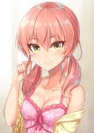  1girl bare_shoulders breasts brown_eyes cleavage eyebrows_visible_through_hair eyelashes highres idolmaster idolmaster_cinderella_girls jougasaki_mika long_hair looking_at_viewer low_twintails medium_breasts off_shoulder pink_hair smile solo twintails upper_body yuuhi_(ages) 