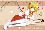  1girl alternate_costume apron bangs blonde_hair bow bowtie character_name enmaided flan_(seeyouflan) flandre_scarlet flower full_body heart highres laevatein looking_at_viewer lying maid maid_headdress on_side pantyhose puffy_sleeves red_bow red_eyes red_skirt skirt smile solo touhou waist_apron white_legwear wings yellow_bow yellow_bowtie 