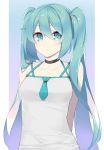  1girl aqua_eyes aqua_hair arms_behind_back bare_shoulders breasts choker collarbone expressionless eyelashes fhang hair_between_eyes hair_ornament hatsune_miku long_hair looking_at_viewer medium_breasts pale_skin simple_background solo twintails upper_body very_long_hair vocaloid 