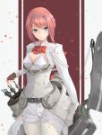  1girl ark_royal_(kantai_collection) arrow belt blue_eyes bow_(weapon) breastplate breasts buttons cleavage cleavage_cutout fingerless_gloves gloves grey_shirt grey_shorts hairband jenson_tw kantai_collection pantyhose quiver redhead shirt short_hair short_shorts shorts small_breasts solo waist_cape weapon white_legwear 